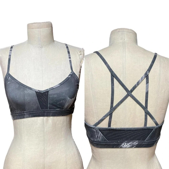 Alo Yoga Goddess Sports Bra Mesh Abstract Print Crisscross Gray Black Size Small - Picture 1 of 8